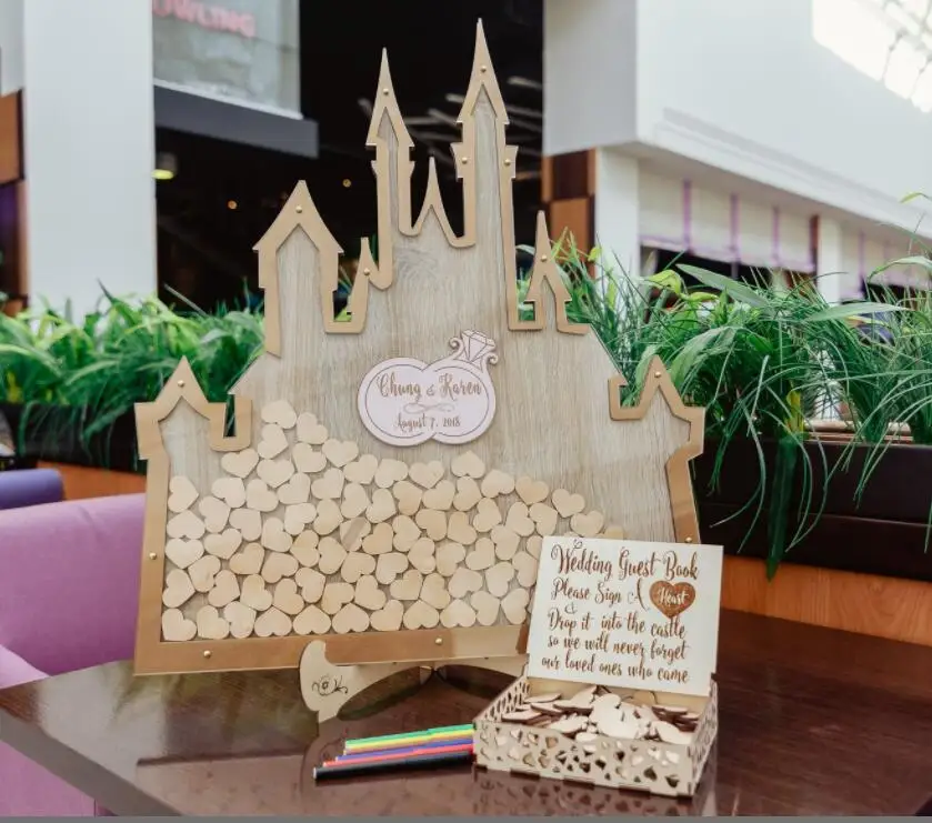 

personalize mr&mrs names date castle shaped Wedding Guest book Drop box signature engagement infinity love alternative Guestbook