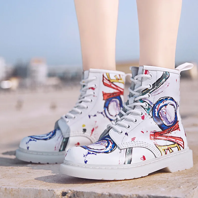 

Printed Graffiti Women Genuine Leather Shoes Winter Boots Woman Casual Spring Autumn Motorcycle Botas Mujer Female Ankle Boots