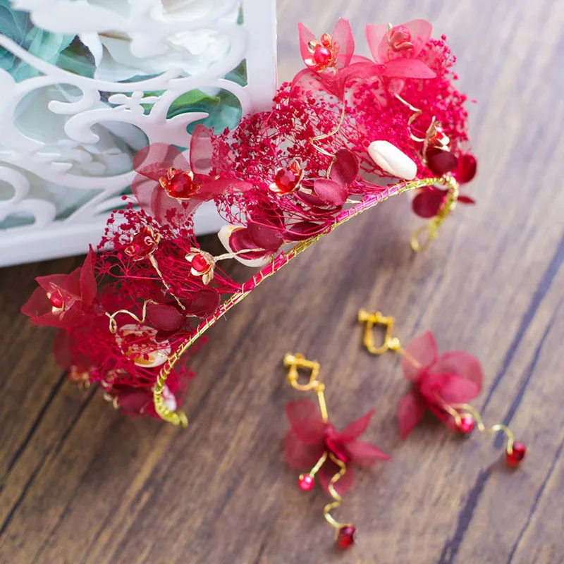  FORSEVEN Chinese Red Flowers Petals Bridal Bride Wedding Hair Jewelry Tiaras Set Hairband Long Fair