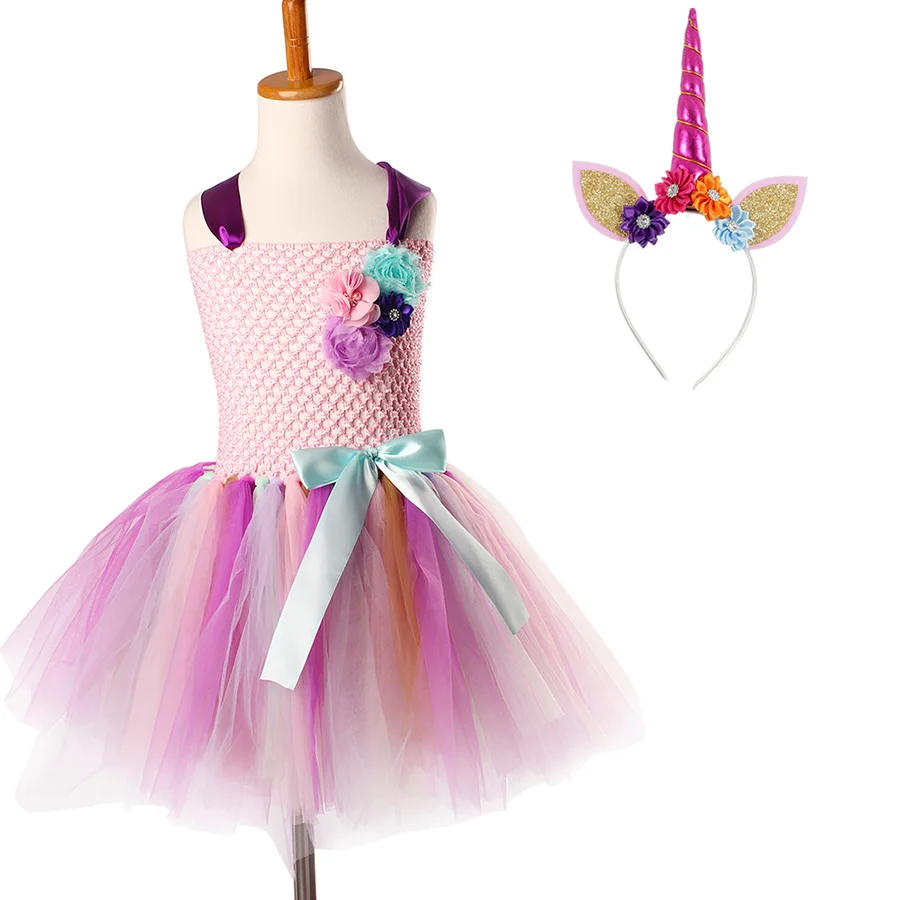 Girls Unicorn Halloween Tutu Dress with Head Hoop Kids Flowers fancy Dress (3)