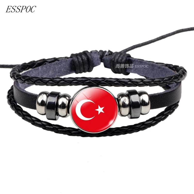 turkey Национальные Флаги США, Россия, Испания, очаровательный браслет, кожаный плетеный браслет в стиле панк, подарок для женщин и мужчин - Окраска металла: turkey