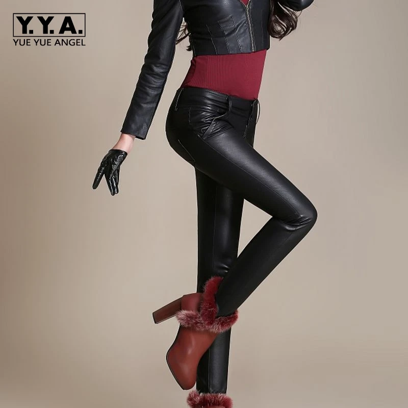 

2019 New Fashion Womens Leather Pants Office Lady High Waist Winter Slim Fit Top Quality Pockets Trouser Black