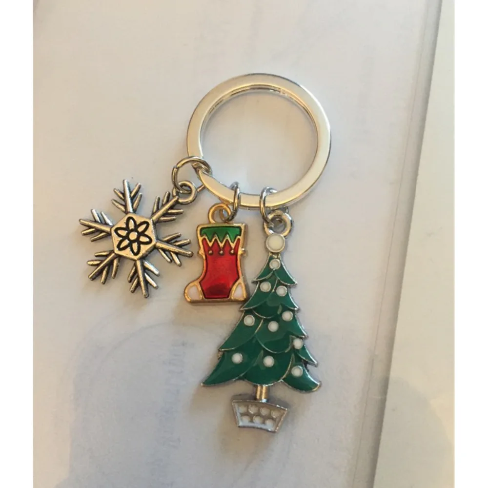 Doreen Box Брелок и кольцо для ключей Рождественская елка серебряный цвет чулок Снежинка резная белая и зеленая эмаль 6,1 см(2 3/"), 1 шт