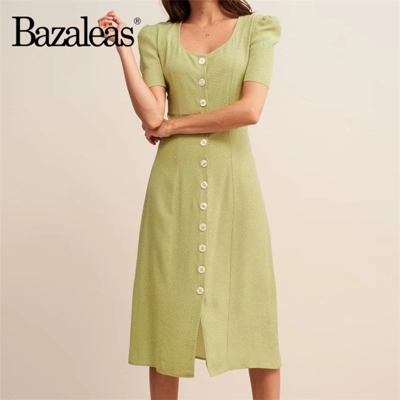 

Bazaleas Sexy Center Buttons Short Sleeve midi Dress Green Anise Dot Women Summer dress Casual Split vestidos drop shipping
