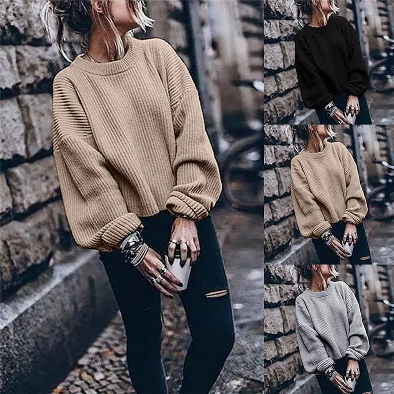 

Fashion Woman Autumn Winter Long Sleeve O-neck Solid Color Lantern Pullover Sweater Casual Slim Fit Solid Loose Hot #4F13