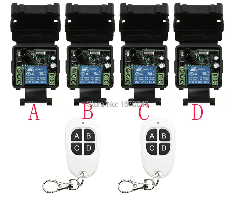 

Hot Sales DC 12V 1CH 10A 4*Receiver & 2*Transmitter RF Wireless Remote Switch light /lamp/ window/Garage Doors