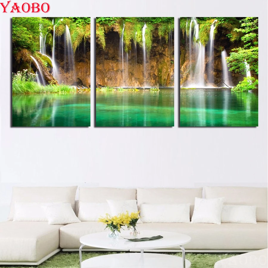 Full square round 5D DIY Diamond Painting Natural waterfall landscape Cross Stitch 3 Pieces diy diamond Embroidery Crafts Mosaic | Дом и сад