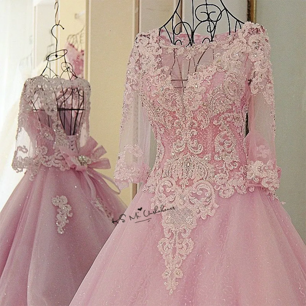 Роскошный розовый Свадебное Платье Vestidos de Noiva Princesa бусины половина рукава бальное платье невесты платья, импортированные из Китая свадебное платье со вставкой из кружева