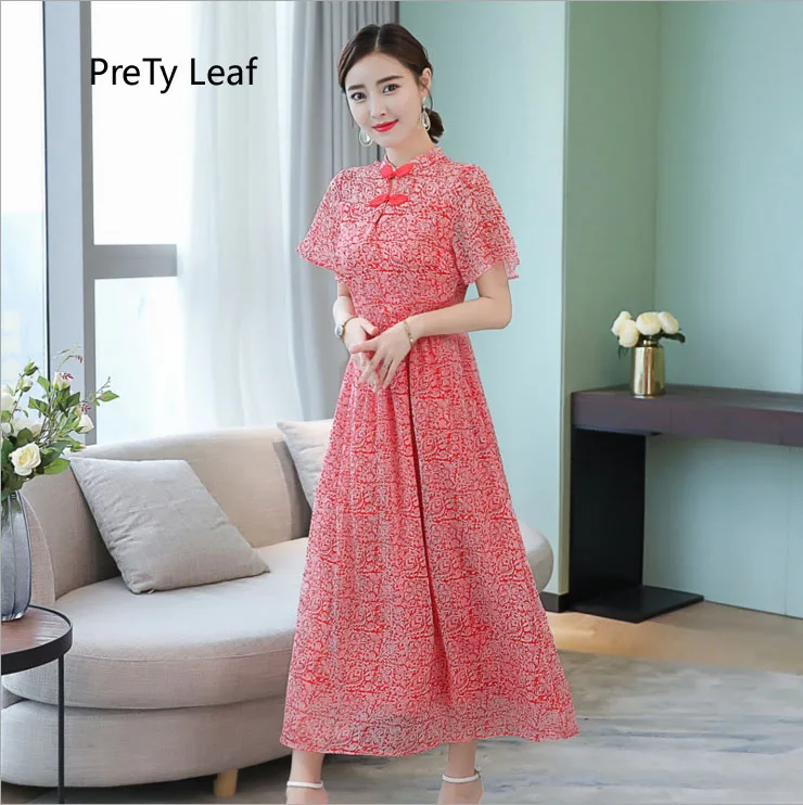 

2018 Summer new retro cheongsam chiffon dress