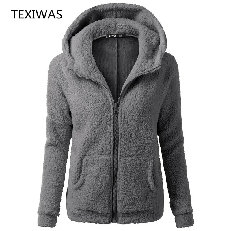 TEXIWAS Winter cashmere Zipper with pocket women warm hooded Sweatshirt tops knitted vogue