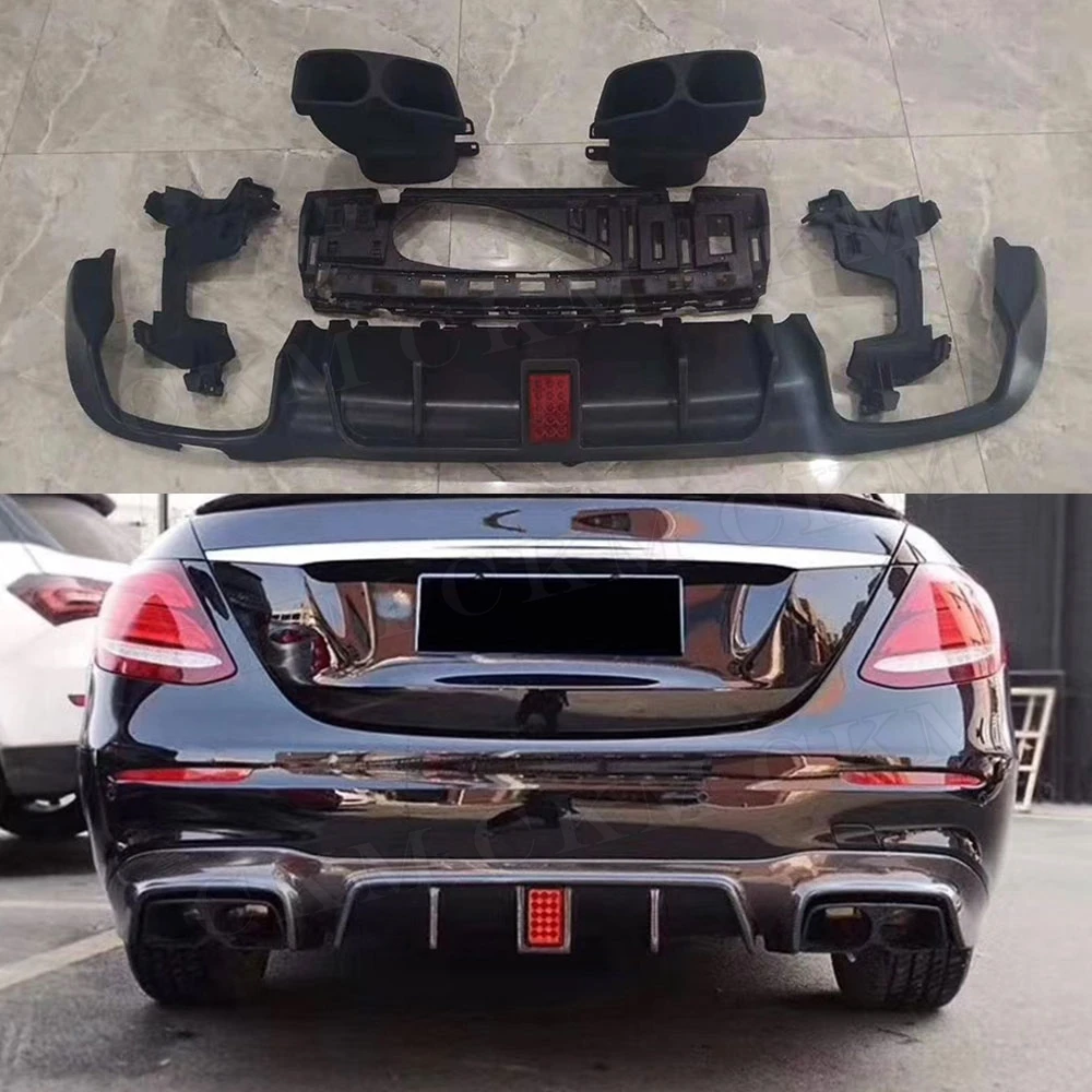 ABS Rear Bumper Lip Light Diffuser with Steel Exhaust Muffler Tips for Benz W213 E Class E200 E300 E63 AMG 2017 2018 2019 ABS Rear Bumper Lip Light Diffuser with Steel Exhaust Muffler Tips for Benz W213 E Class E200 E300 E63 AMG 2017 2018 2019