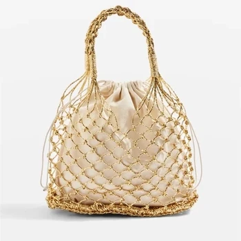 

Women Handbag Totes Bucket Paper Straw Plain Woven Bag Hollow Reticulate Korean Pop National Knitting Gold silver hollow out