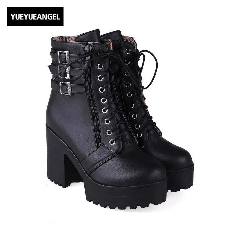 Black Korea Streetwear Fashion Zip Buckle Ankle Boots Womens Autumn New Platform Lace Up Chaussures Femme Motorcycle Bike Shoes black rivets lace up womens motorcycle boots