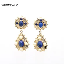 White Faux Pearl Blue Oval Stone Teadrop Drop Earrings Gold Alloy Metal Fashion Trending Women Jewley Wedding Party Accessories White Faux Pearl Blue Oval Stone Teadrop Drop Earrings Gold Alloy Metal Fashion Trending Women Jewley Wedding Party Accessories