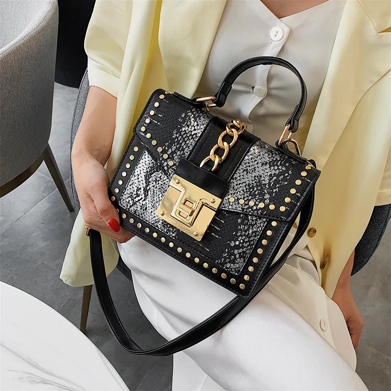 

Snakeskin Pattern Shiny Square Handbag Rivet Lock Chain Women Messenger Bag Lady Brand Designer Crossbody Shoulder Bag Bolso