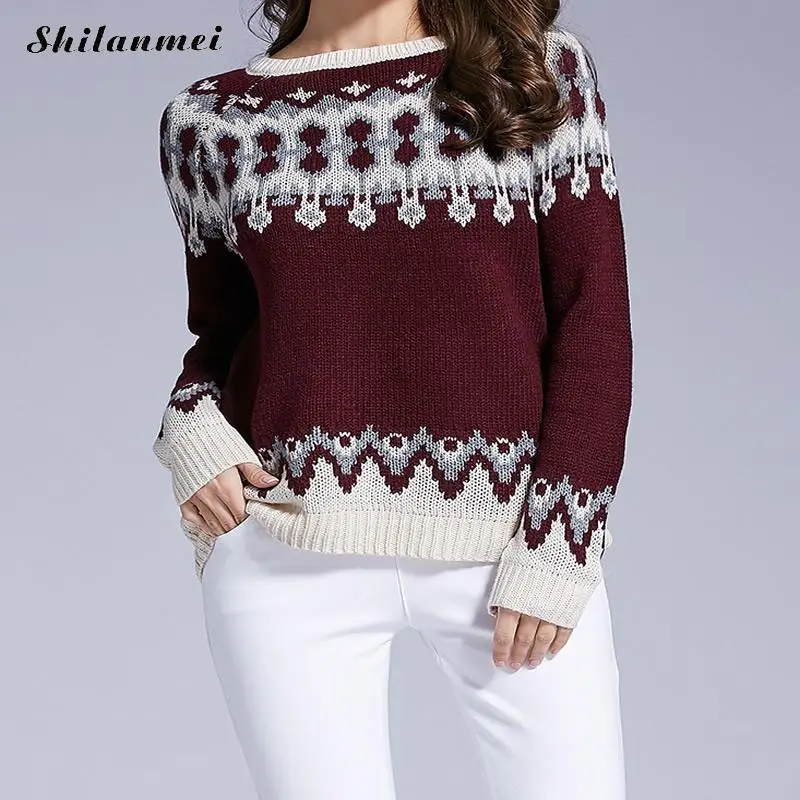 Pullover 2017 Winter Printed Wine Red Sweater For Women Black O Neck