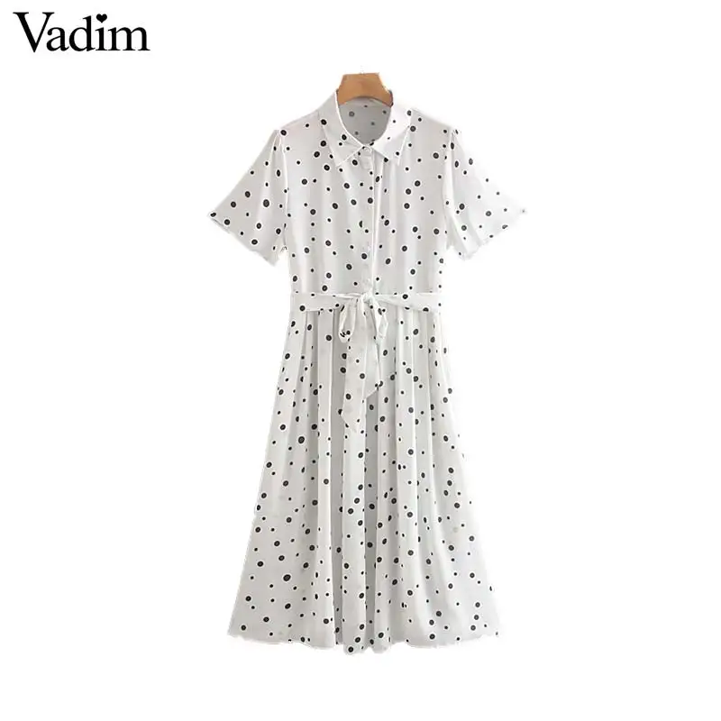 

Vadim women vintage polka dots white midi dresses bow tie sashes female stylish mid calf dresses A line vestido QC501
