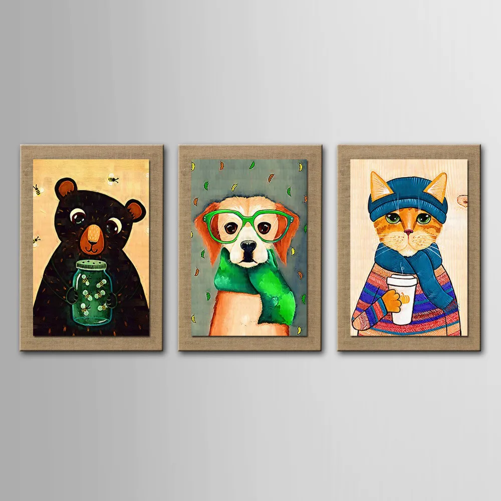 

Lentz Oil Painting Decoration Abstract Cartoon Animals Hand Painted Linen with Stretched Framed - Set of 3