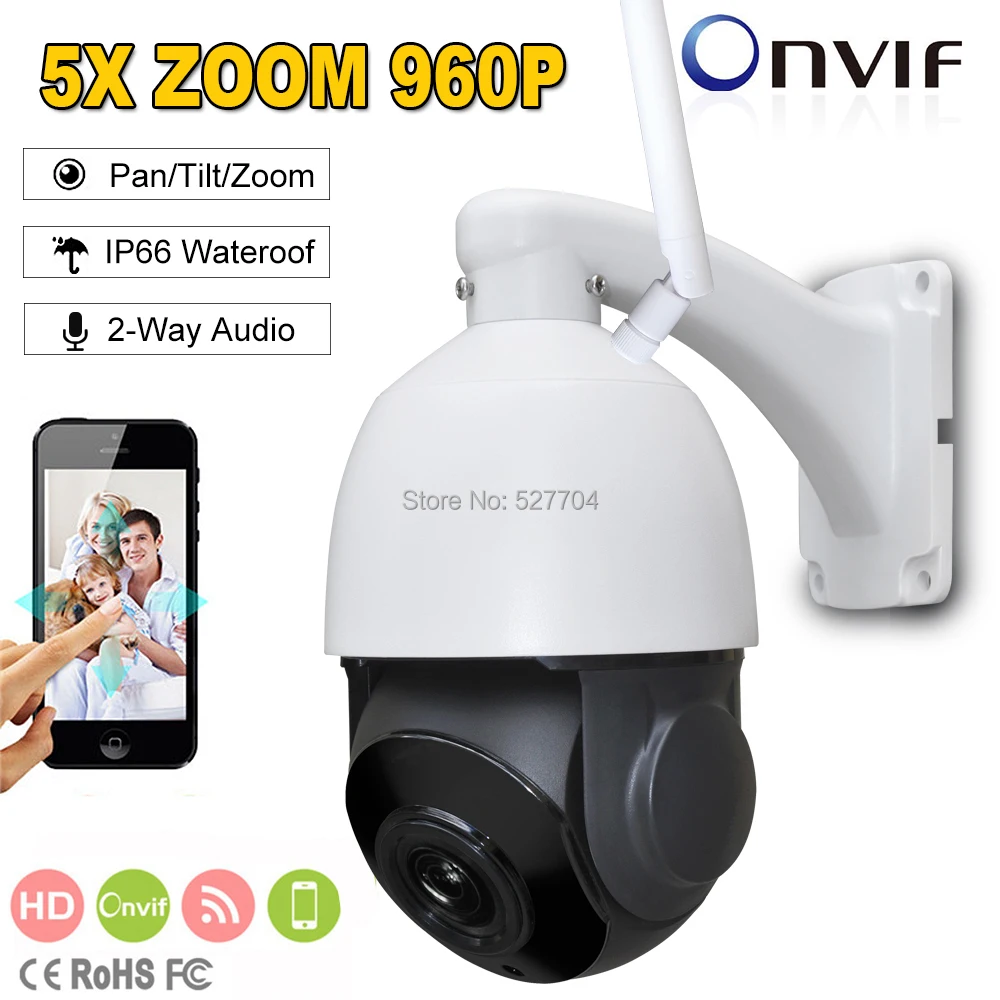 

Fayele Wireless WIFI IP Speed Dome PTZ Camera 1.3MP 960P 2.7~13.5mm 5X ZOOM 80m IR distance 2-way Audio P2P Mobile View SD CARD