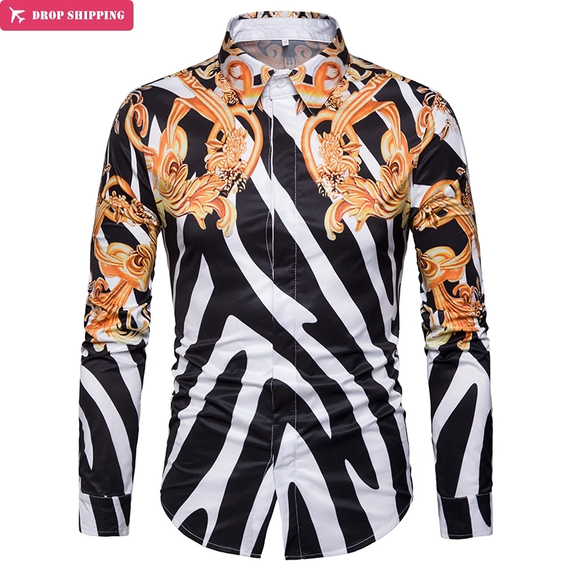 

DropshippingFloral Print Men Shirt Slim Fit Camisa Masculina Striped Design Men's Long Sleeve Dress Shirt Chemise Homme