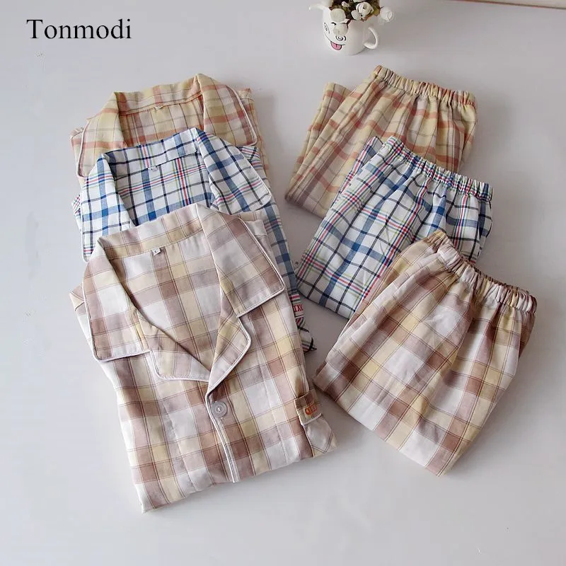 NEW Men's Sleepwear Cardigan Cotton Short Sleeve Pyjamas Shorts Double Layer Cotton Yarn Men Lounge Sleep Pajama Set Plaid NEW Men's Sleepwear Cardigan Cotton Short Sleeve Pyjamas Shorts Double Layer Cotton Yarn Men Lounge Sleep Pajama Set Plaid