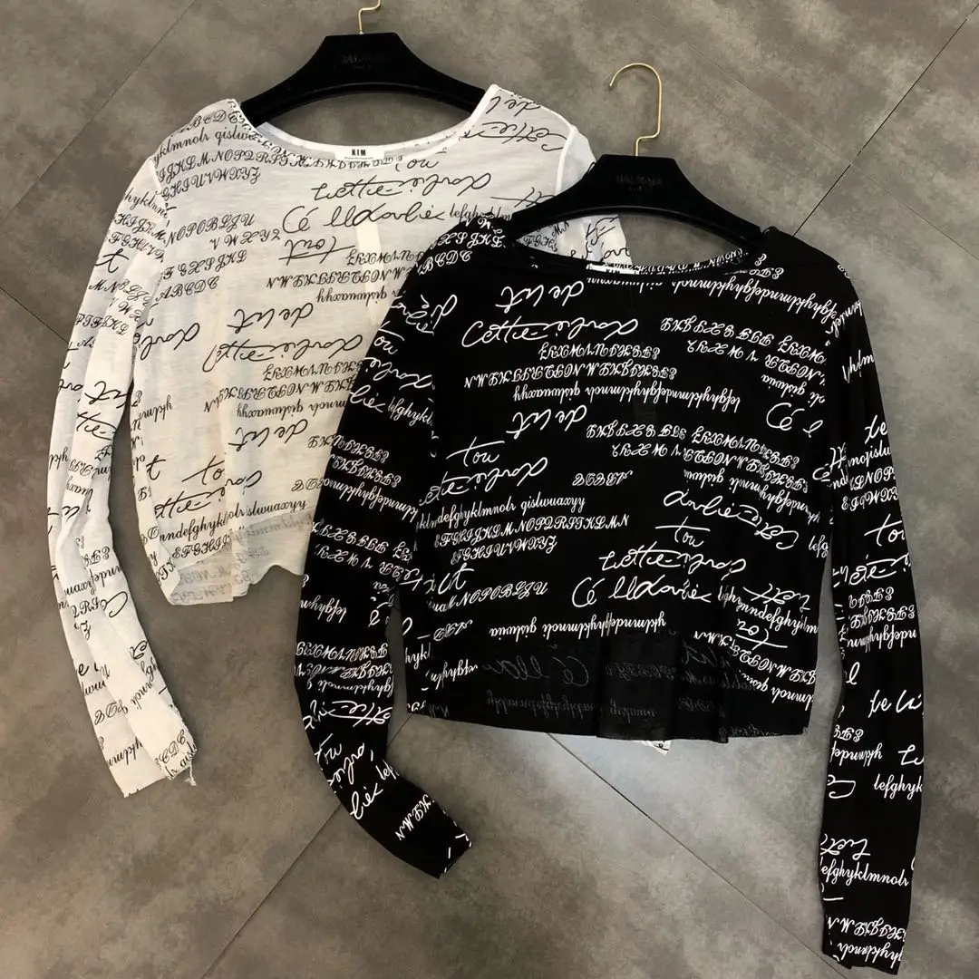 

2019 summer new round neck long-sleeved graffiti letter pattern sunscreen slim shirt T-shirt