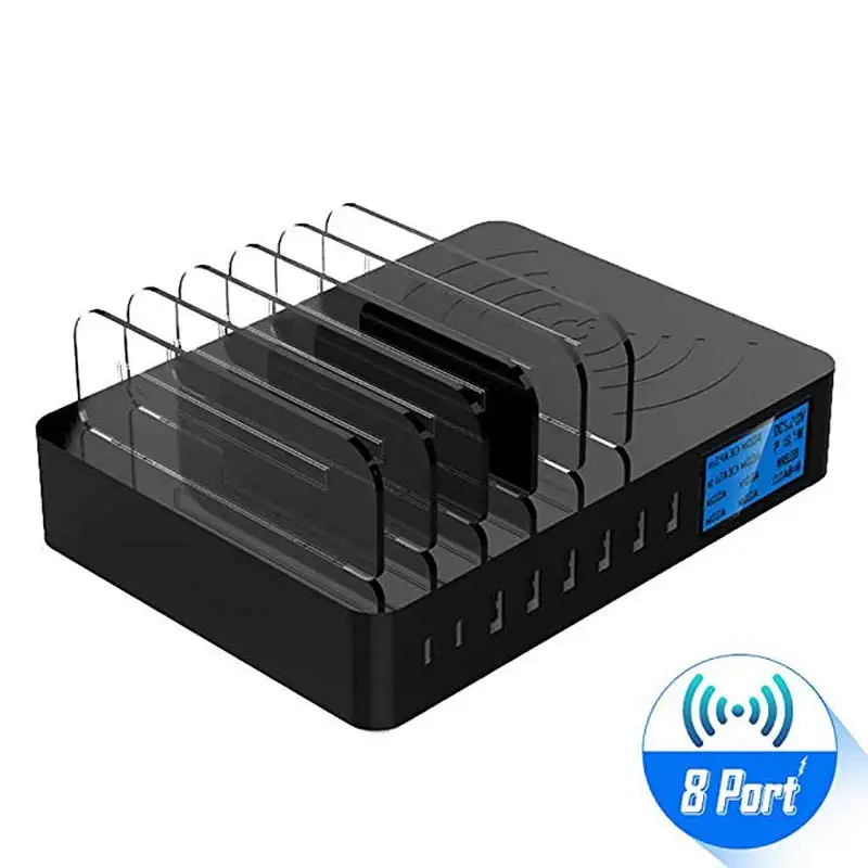 Qi Wireless Charger 8 ports Smart USB Charger 5V8A 40W LCD Display Desktop Holder For iPhone Samsung Huawei AC Adapter