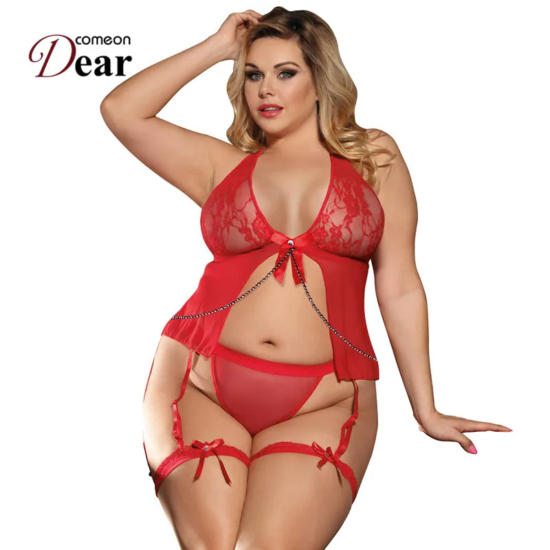 

Comeondear Tenue Sexy Erotic Porno Sheer Mesh Halter Plus Size Sexy Lingerie Dentelle Dress + G string Sexy Nightwear RJ7356