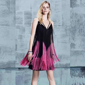 

2019 New Arrive Patchwork Multicolor Bandage Dress Tassel Elegant Sexy Women Chic Summer V Neck Spaghetti Strap Wholesale