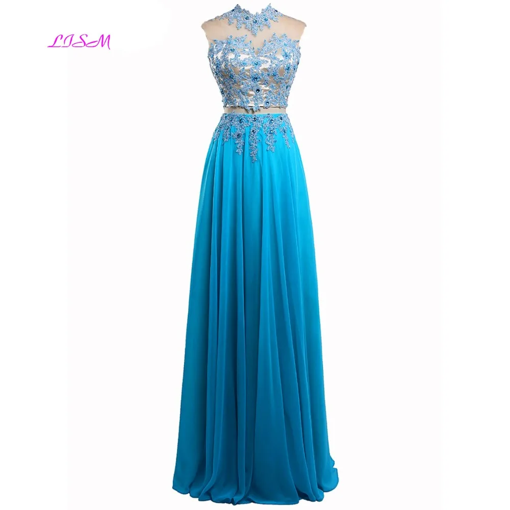 Two Pieces Appliques Chiffon Long Prom Dresses High Neck Beaded Open Back Formal Dress Real Photos Sky Blue Bridesmaid Gowns