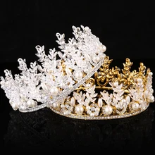 2016 Princess 100% Handmade Pearl Crystal Gold Silver Crown Tiara Bridal Hair Jewelry Wedding Hair Accessories Baroque Headband