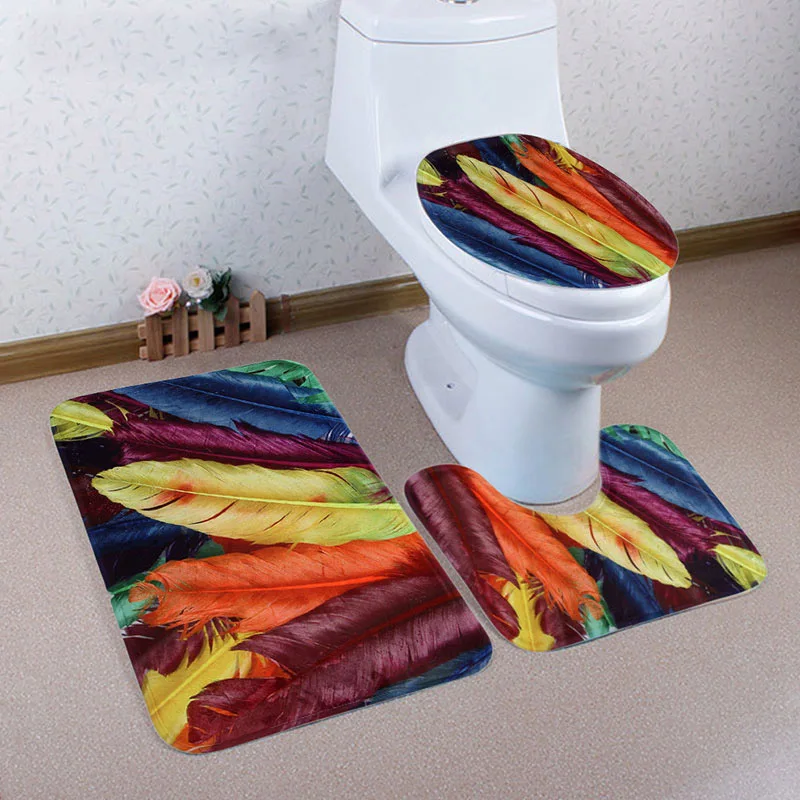 

3Pcs/set Coral Velvet Toliet Seat Cover Colorful Feather Zakka Style Cover Pad Cushion Mats For Bathroom