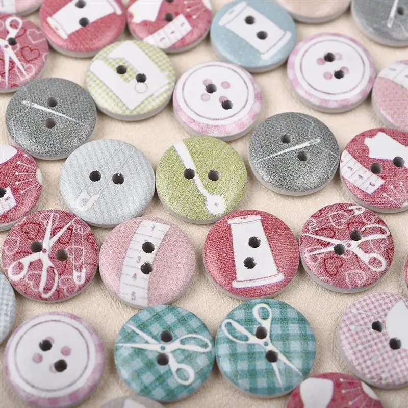 

50Pcs 15mm Sewing Tools Pattern Printed Wooden Button Random Mixed Round Wood Button For Clothing DIY Clothes Decoration