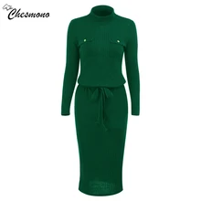 Winter High Elasticity knitted bodycon dress women casual long sleeve waist tie dress Elegant warm slim