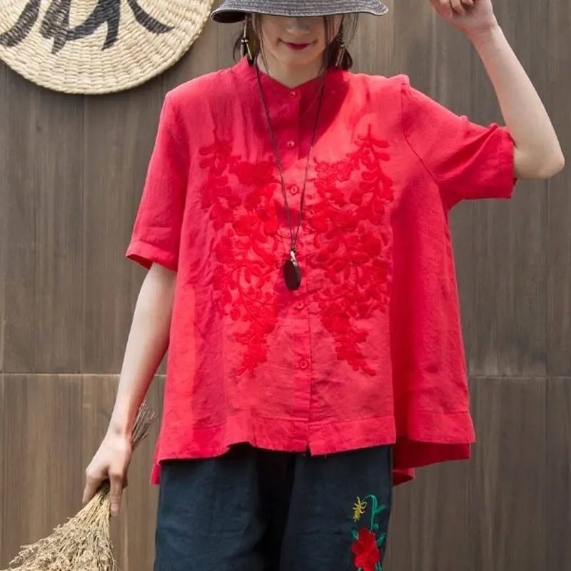  F&je New Summer Style Women Shirt Plus Size Short Sleeve Loose Embroidery Cotton Linen Blouse Big L