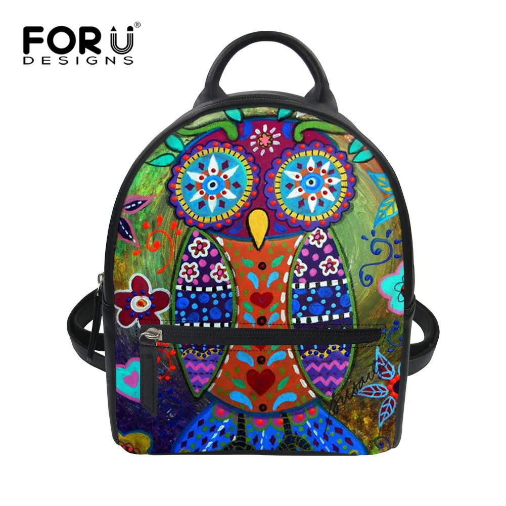 

FORUDESIGNS Cartoon Skull Owl PU Backpacks Woman Waterproof Small Teenager School Bags Patchwork Design Dogs Cats Printing Bag