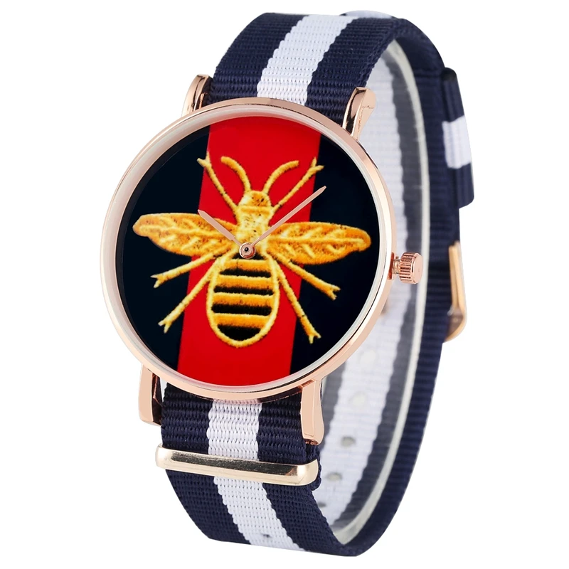 blue white band Кварцевые часы с желтой Пчелой, Шмель, дизайнерские, мужские, женские, военные, модные, смешанные цвета, холст, ремень, спортивные часы для женщин, женские - Цвет: blue white band