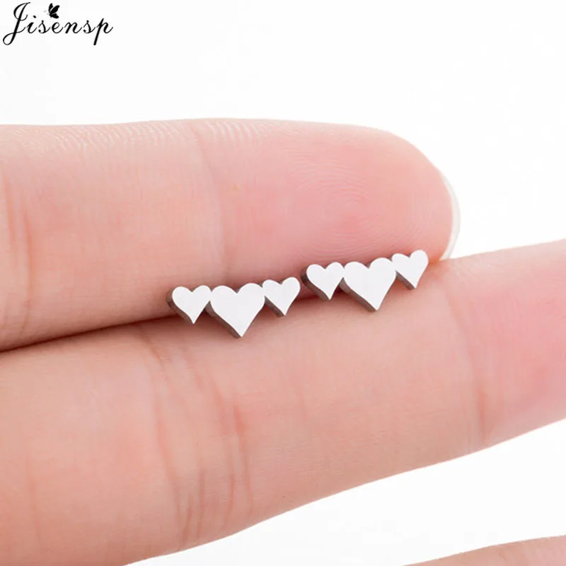 

Jisensp Lovely Three Heart Earrings Stainless Steel Female Earings Fashion Jewelry Love Stud Earring pendientes mujer moda