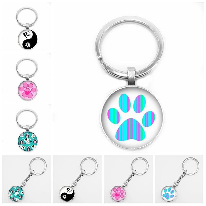 

Hot! New Hot Cartoon Pet Paw Footprint Key Ring Round Glass Cabochon Animal Dog Cat Claw Mode Key Ring Pendant Wholesale