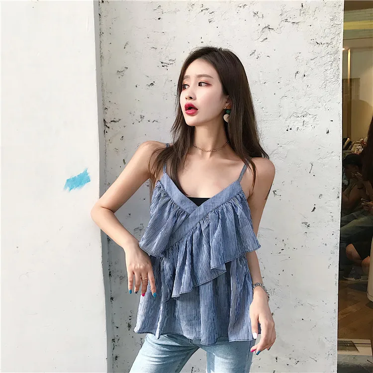 Blusas feminina Весна-осень Стиль Осень корейские женские топ в полоску v-образным вырезом с тонкими лямками жилет женский Y1501