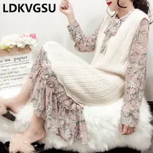 Модные весенние пуловеры новые корейские женские вязанные жилетки Топ Длинные однотонные свободные джемперы с v-образным вырезом без рукавов свитер платье Is1758