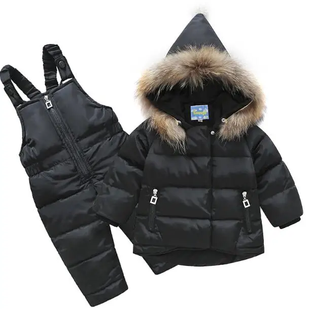 

Baby Natural Fur Down Clothing Set Child Jumpsuit White Duck Down Set Baby Boys Girls Hooded Big Fur Collar Thick Clothing Sets