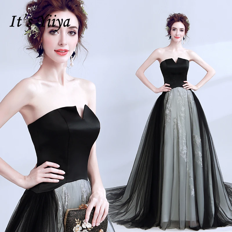 

It's YiiYa Evening Dresses Simple Black Strapless Tulle Trailing Custom Plus Size Lace up Back Formal Dresses Evening Gown E221