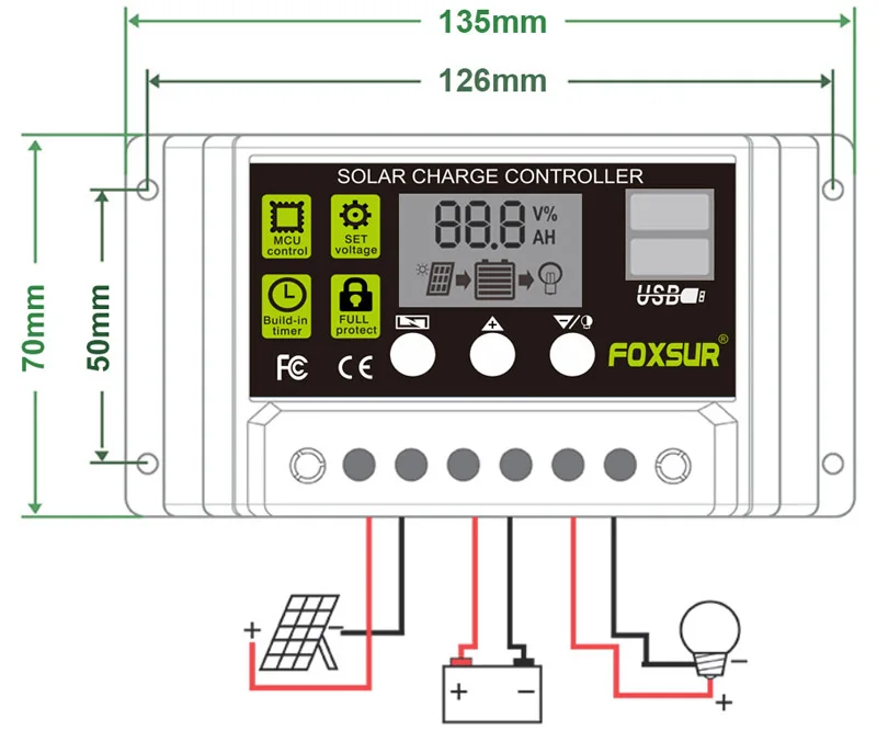 Фоксур Солнечный Контроллер заряда 12 в 24 в авто ЖК-дисплей с двойным USB 5 В выход 30A 20A 10A ШИМ солнечное зарядное устройство регулятор