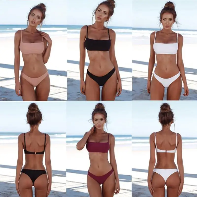 Sexy Simple Women Two Piece Swimsuit Solid Color Split Swimwear Push-up Padded Bikini Set Beach Bathing Suit Sport Style Biquini цена Sexy Simple Women Two Piece Swimsuit Solid Color Split Swimwear Push-up Padded Bikini Set Beach Bathing Suit Sport Style Biquini цены онлайн