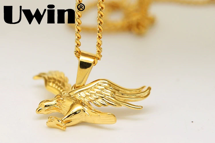 

Mens Stainless Steel Gold 3D Full Flying Eagle Charm Pendant with 24" Cuban Chain Hip hop Bird Fashion Necklace