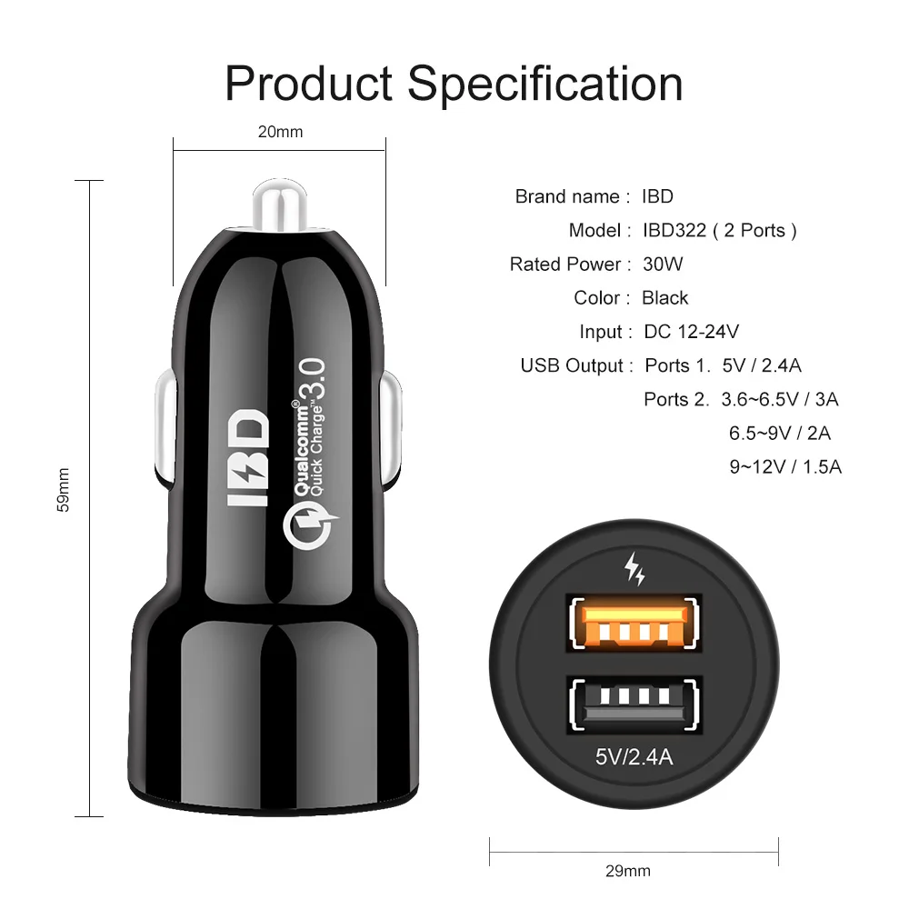 Автомобильное зарядное устройство IBD для iphone8 Samsung Galaxy Huawei Xiaomi USB 3 0 автомобильное