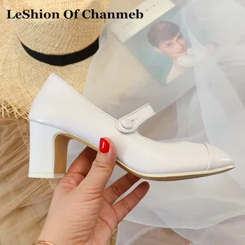 

Natural Cow Leather Mary Janes Shoes Women Thick High Heels Dress Shoes Pumps Silver Shoes Office Ladies White Career Shoes New