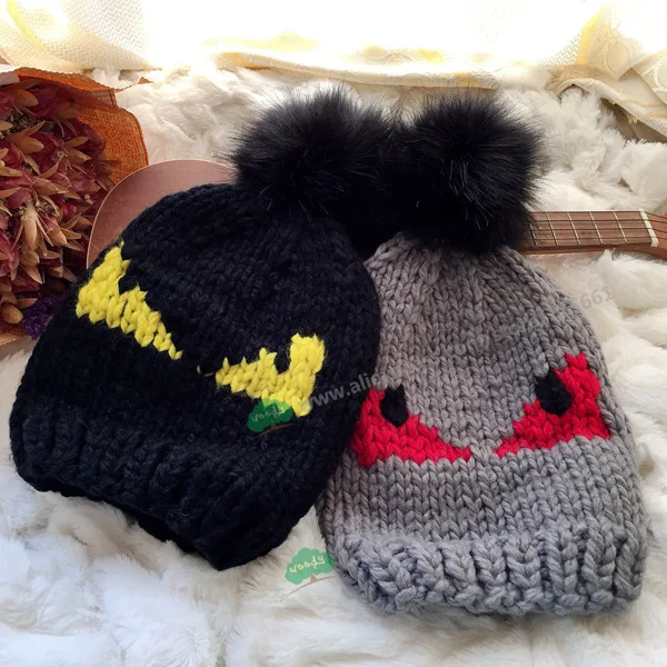 

new autumn winter little devil eyes beanie pom pom Rabbit fur ball Halloween brand demon eyes female wool knitting cap hat