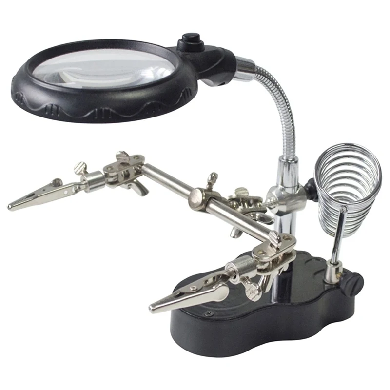 LED Black Clamp Soldering Iron Stand Helping Hands Magnifying Glass